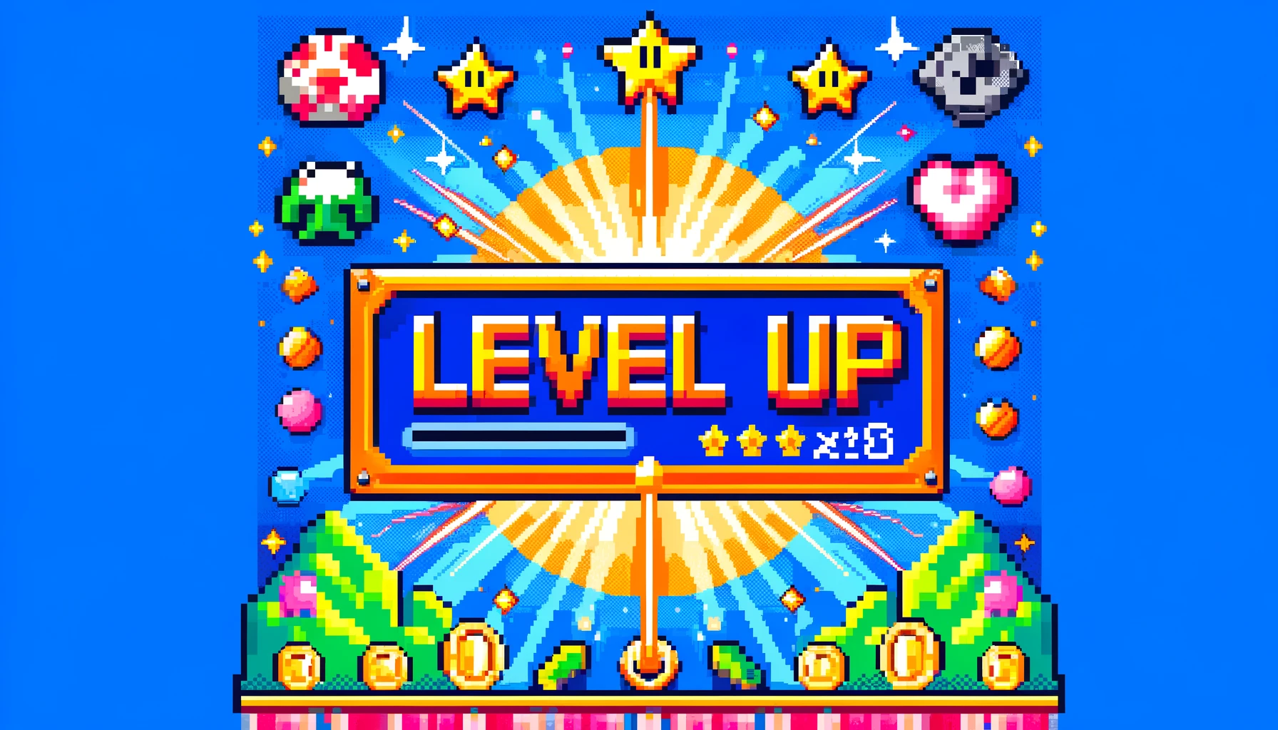 An 8-bit game 'Level Up' screen, designed as a pixel art background stock illustration